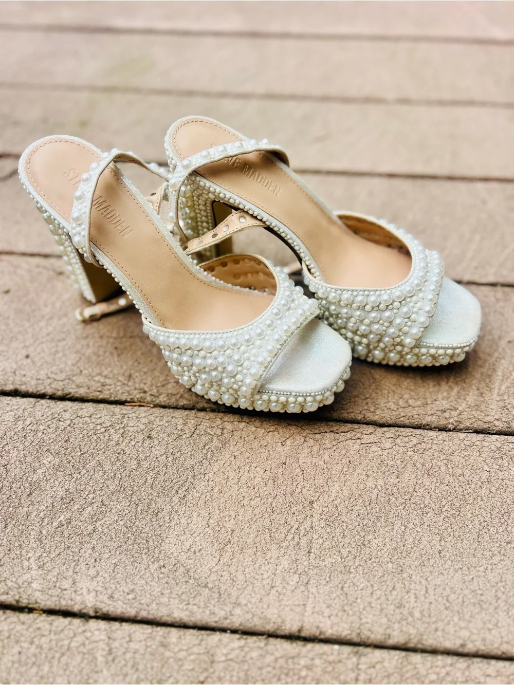 Steve Madden White Pearl-Embellished Platform Sandals